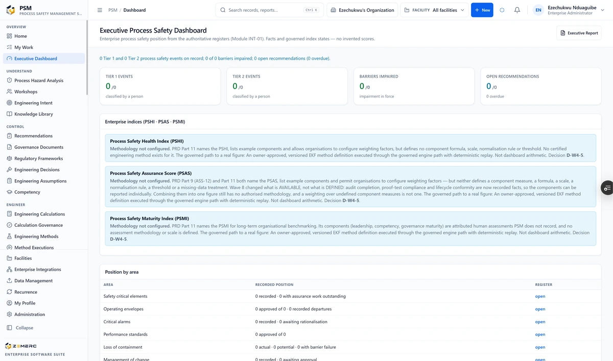 PSM dashboard showing Tier 1 and Tier 2 events, barrier impairments, open recommendations, methodology status, and recorded positions for safety-critical elements, operating envelopes, critical alarms, performance standards, loss of containment and management of change